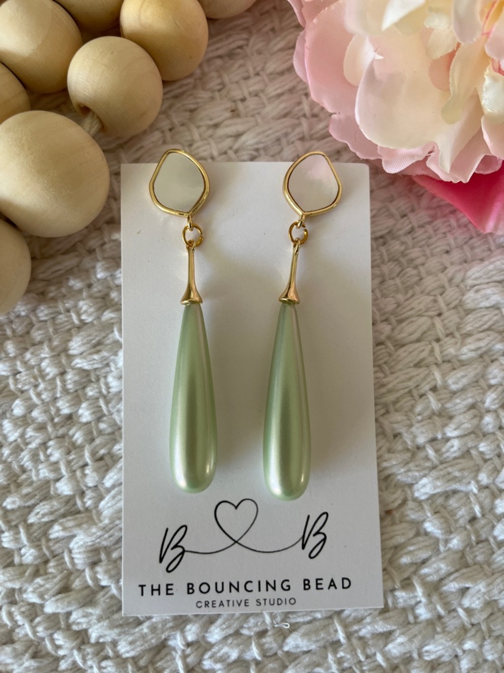 Sage Green Teardrop Dangle Earrings - Gold Accents